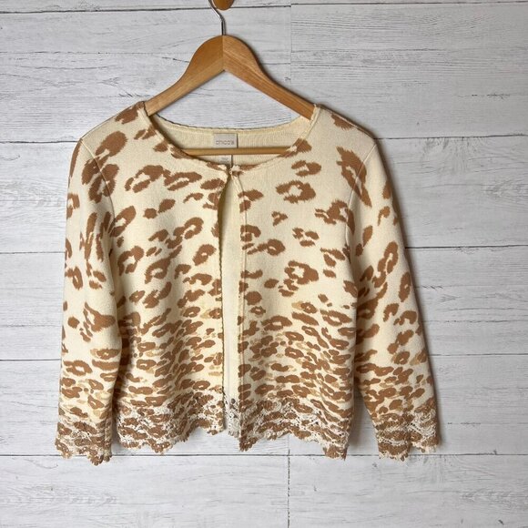 Chicos Sweater Womens Size 1 Cheetah Lace Hem Charlee Cardigan 100% Cotton - Picture 5 of 16